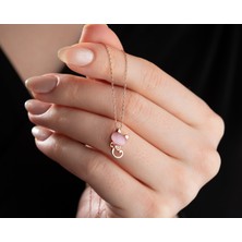 Charmora 925 Ayar  Pembe Kaplı Ay Taşlı Gümüş Kedi Kolye