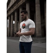 Tarz Yeri Unisex Bisiklet Yaka Baskılı Oversize T-Shirt - Beyaz