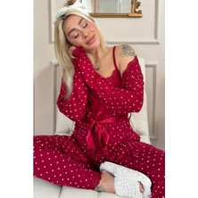 Pijama Evi Kadın Pijama Takımı Bordo Mini Puan Desenli Bambu Sabahlıklı Rahat Kullanım