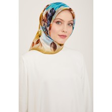 Armine Gold - Mavi Çiçek Desen Tivil İpek Eşarp 9133 - 02