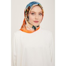 Armine Turuncu - İndigo Çiçek Desen Tivil İpek Eşarp 9133 - 35