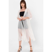Kapüşonlu Yırtmaç Detaylı Şifon Kimono&bikiniüstü 40 - Ecru