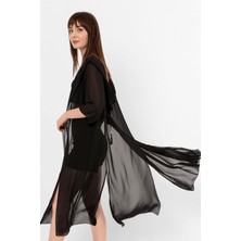 Laranor Kapüşonlu Yırtmaç Detaylı Şifon Kimono&bikiniüstü 42 - Siyah