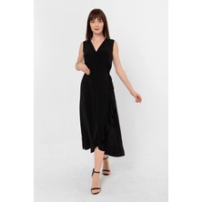 Laranor Etek Ucu Volanlı Kruvaze Bağcıklı Elbise 44 Siyah