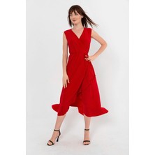 Laranor Etek Ucu Volanlı Kruvaze Bağcıklı Elbise 44 Kırmızı