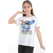 Giyimod Orijinal Giyimod Dısney Stıtch %100 Pamuk Kız Çocuk Kısa Kol T-Shirt Beyaz 55130