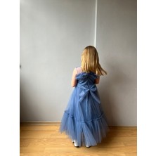 Taha Kids Tül Detay Prenses Model Çocuk Abiye Elbise Indigo Mavi