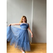 Taha Kids Tül Detay Prenses Model Çocuk Abiye Elbise Indigo Mavi