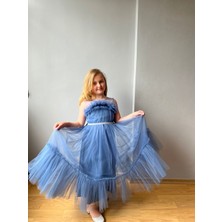 Taha Kids Tül Detay Prenses Model Çocuk Abiye Elbise Indigo Mavi
