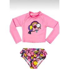 Modacity Tukan Kuşu ve Çiçek Desenli Uv-Güneş Korumalı Uzun Kol Üst Mini Etek Altı Fırfırlı Bikini Takımı