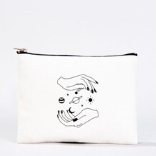 Arya Design Bez Çanta Güneş Sistemi El Boyaması Clutch Portföy Makyaj Çantası Kalemlik Bej, 15X21CM, KCNT0010