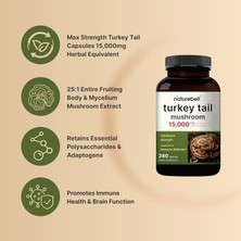 Naturebell Turkey Tail Mushroom 15,000 Mg Fruiting Body And Mycelium Extract 240 Kapsul Büyük Boy