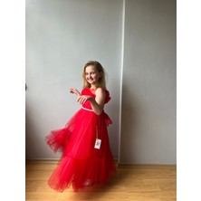 Taha Kids Tül Detay Prenses Model Çocuk Abiye Elbise Kırmızı