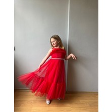 Taha Kids Tül Detay Prenses Model Çocuk Abiye Elbise Kırmızı