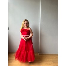 Taha Kids Tül Detay Prenses Model Çocuk Abiye Elbise Kırmızı