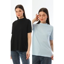 Kallima Siyah-Mavi 2'li Paket Dik Yaka Rahat Kalıp Pamuk T-Shirt