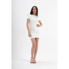 Vapur Tekstil Kısa Kollu Omuzları Vatkalı Kısa Elbise Ekru