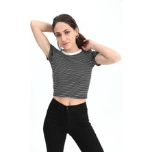 Vapur Tekstil Bluz Bisiklet Yaka Çizgili Kaşkorse - Antrasit