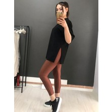 Al Bi Hadi Siyah Renk Bisiklet Yaka Yanı Yırtmaçlı Basic Kadın Tişört