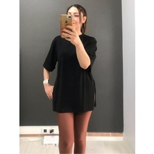 Al Bi Hadi Siyah Renk Bisiklet Yaka Yanı Yırtmaçlı Basic Kadın Tişört