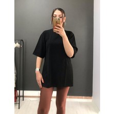 Al Bi Hadi Siyah Renk Bisiklet Yaka Yanı Yırtmaçlı Basic Kadın Tişört