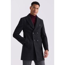 Jakamen Siyah Comfort Fit Sivri Yaka Ekose Desenli Yünlü Kaban