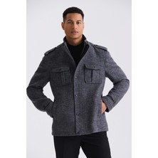 Jakamen Antrasit Slim Fit Hakim Yaka Apoletli Desenli Spor Kaşe Kaban
