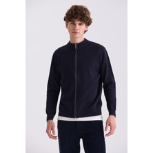 Jakamen Lacivert Classic Fit Düz Fermuarlı Dik Yaka Triko Hırka