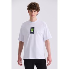 Jakamen Beyaz Baskılı Bisiklet Yaka T-Shirt