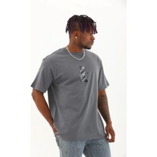 Blacktree Unisex Oversize Baskılı Bisiklet Yaka T-Shirt - Füme