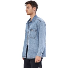 Mesfeno Clothing Mesfeno Erkek Gömlek Ceket, Oversize Kesim Kalın Kumaş, 2 Cep Detaylı,  Pamuk, Metal Düğmeli Mavi Denim
