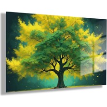 Gaagart Temperli Gerçek Yatay Cam Tablo Yeşil ve Sarı Ağaç Tasarımı