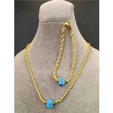 Gena Moda Gold Renk Mavi Boncuklu 45 cm Paslanmaz Çelik Burgu Takım