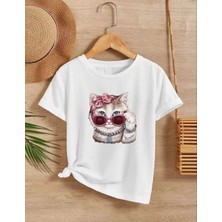 Tarz Yeri Kız Çocuk Bisiklet Yaka Baskılı T-Shirt - Beyaz