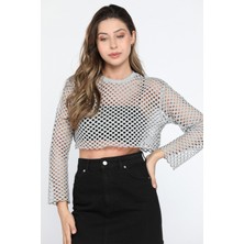 Julude Gri Bisiklet Yaka Ajurlu Crop Top File Bluz P-00009952