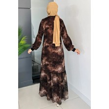 Julude Kahve Bisiklet Yaka Desenli Fırfırlı Tesettür Şifon Elbise P-00010159