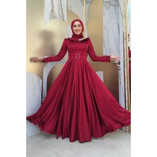 Bym Fashion Fırfırlı Taş Detaylı Kemer Aksesuarlı Saten Abiye Elbise 1155 Bordo