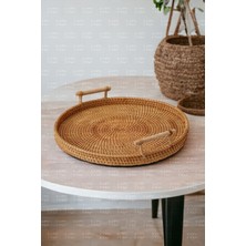 Naturel Home Bohem Rattan Kulplu Hasır Tepsi 35, Iskandinav, Modern