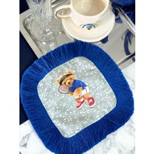 Moon Dizayn Kahve Yanı Sunum Peçetesi, Mavi Ayıcık Desenli Peçete, Püsküllü Kokteyl Peçetesi, Teddy Bear Peçete