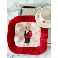 Moon Dizayn Kahve Yanı Sunum Peçetesi, Kırmızı Ayıcık Desenli Peçete,püsküllü Kokteyl Peçetesi,teddy Bear Peçete