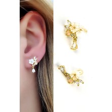 Ose Shop  Sedef Taşlı El Işi Pembe Kuvars Taş Detaylı 925AYAR Gümüş Üzerine Altın Kaplama El Işi Tasarım Küpe