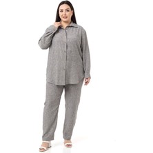 Disentis Modest Büyük Beden Keten Gömlek Pantolon Gri Ikili Takım