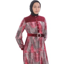 Phelda Leila Piton Desenli Kadife Elbise 699-BORDO
