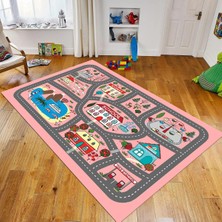 Viyana Home Dijital Baskılı Kaymaz Taban Yıkanabilir Çocuk Odası Oyun Halısı, V-Çocuk-02-Pembe,