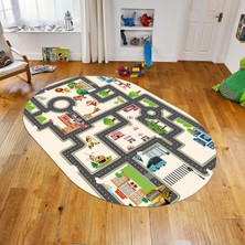 Viyana Home Dijital Baskılı Kaymaz Taban Yıkanabilir Oval Çocuk Odası Oyun Halısı, V-O-Çocuk-20-Krem,