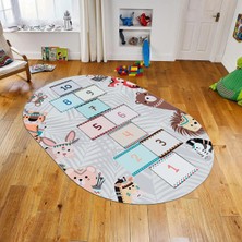 Viyana Home Dijital Baskılı Kaymaz Taban Yıkanabilir Oval Çocuk Odası Oyun Halısı, V-O-Çocuk-28-Gri,
