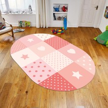 Viyana Home Dijital Baskılı Kaymaz Taban Yıkanabilir Oval Çocuk Odası Oyun Halısı, V-O-Çocuk-10-Pembe,