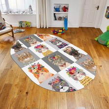 Viyana Home Dijital Baskılı Kaymaz Taban Yıkanabilir Oval Çocuk Odası Oyun Halısı, V-O-Çocuk-11-Gri,