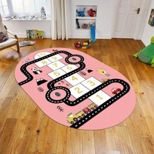 Viyana Home Dijital Baskılı Kaymaz Taban Yıkanabilir Oval Çocuk Odası Oyun Halısı, V-O-Çocuk-06-Pembe,