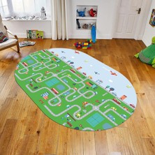 Viyana Home Dijital Baskılı Kaymaz Taban Yıkanabilir Oval Çocuk Odası Oyun Halısı, V-O-Çocuk-19-Yeşil,